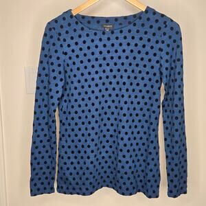 Talbots Teal Blue with Black Flocked Polka Dots Long Sleeve Top Size XS